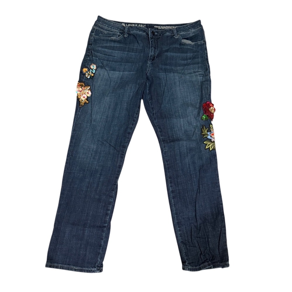 Laurie Felt Classic Embellished Boyfriend Jeans Dark Wash Floral Sequin Boho 16